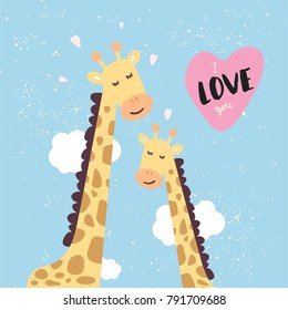 I Love you. Giraffes in the clouds. Cute and touching love giraffes. Vector illustration for Valentine's day, poster, postcard, and other.