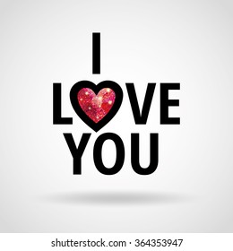 I Love you glitter ruby heart. Valentines day card. I love you. Gold background for flyer, poster, sign, banner, web, header. Abstract golden background for text, type, quote. Gold blur backdrop.