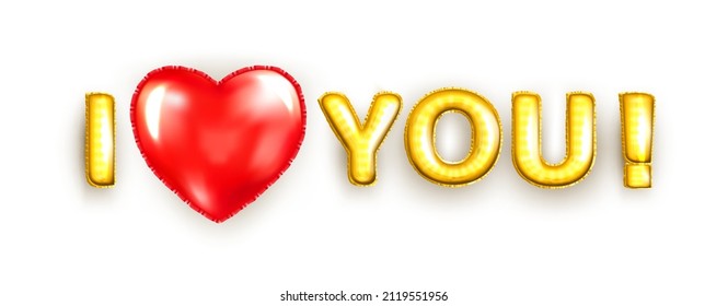 I love you gold balloons. Heart red characters balloon. For celebration, party, date, invitation, event, card and Valentine's Day. I love you. Shine glossy metallic balloon background