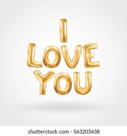 I love you gold balloons. Heart gold characters balloons in the air. For celebration, party, date, invitation, event, card and Valentine's Day. I love you. Shine glossy metallic balloon background