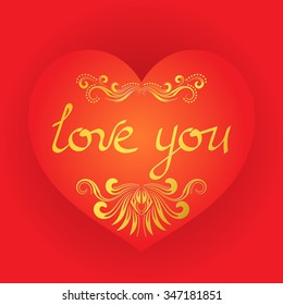 Love you golden lettering on red heart background. Greeting card template for Valentine's day.