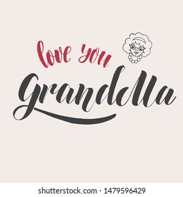 Love you Grandma. Lettering typography poster  for Happy Grandparents Day. Handdrawn grandma's portrait with beads, glasses and curly hair. Vector illustration for greeting card, banner, poster. 