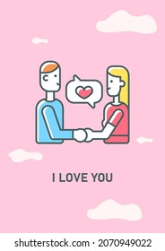 I love you greeting card with color icon element. Romantic relationship. Happy Valentines day. Postcard vector design. Decorative flyer with creative illustration. Notecard with congratulatory message