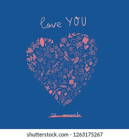 Love you greeting card with cute cartoon heart. Valentine Day Love poster concept.