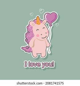 I Love You. Greeting Card with Cute Unicorn