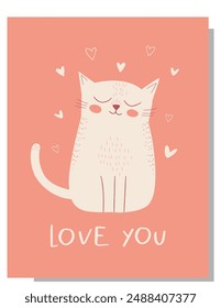 I Love you greeting card, cute Doodle cat and Hand Draw heart. Romantic Lovely scribble vector art with happy pet.Happy character pastel pink poster. Vector illustration. For Valentine Day, Wedding.