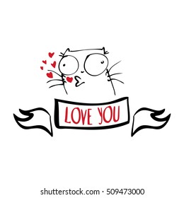 Love You greeting card with cute cartoon cat.