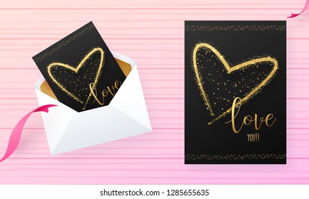 Love you greeting card design on pink stripe background for Valentine's Day celebration.