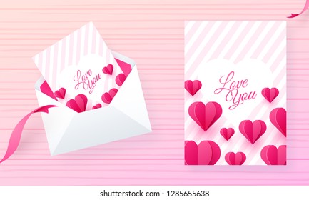 Love you greeting card design decorated with paper cut heart shapes on pink stripe background.