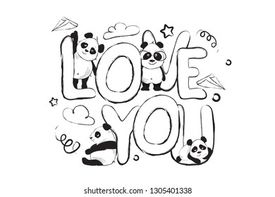 Love you greeting card design with cute panda bear and quote 