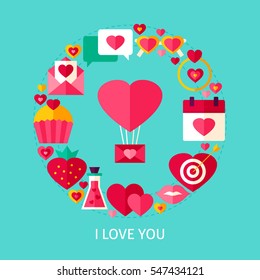 I Love You Greeting Card. Flat Poster Design Vector Illustration. Collection of Love Holiday Objects.