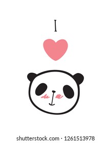  I love you! Greeting card  with heart and little cute panda. Vector illustration.