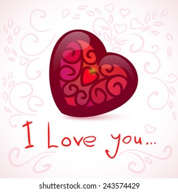 I love you, Greeting card with heart and hand drawn ornament, Vector illustration