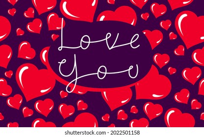 Love you greeting card on Valentine day vector banner design with hearts pattern in background, pattern is seamless.