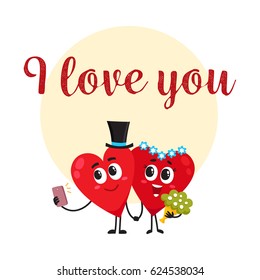 I love you - greeting card, postcard, banner design with two heart characters having wedding, cartoon vector illustration. Valentine day greeting card design with two heart characters getting married