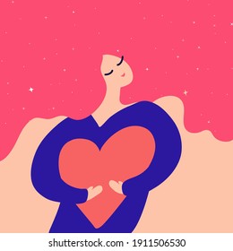 I love you, greeting card. Self care woman with big pink heart. Love yourself. Dreaming happy girl hugging herself. Cartoon flat character holding love symbol. Mother day illustration. Pregnant mom.