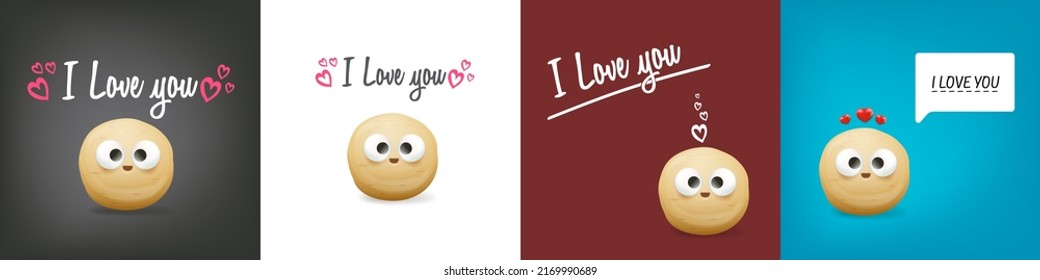 i love you greeting card set with funny little cute potato character. Valentines day cartoon banner or poster set. Love you funny banner with potato. 