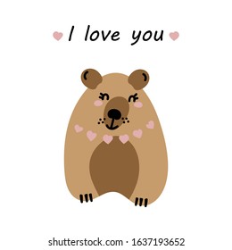 I love you. Greeting card for Valentine's Day, birthday, Mother's Day, wedding with cute bears and heart. Vector illustration.