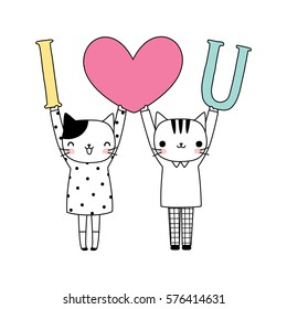 I love you. Greeting card for Valentines day with cute couple cat boy and girl holding big heart. Postcard, poster, party invitation, festive, celebrations. Vector illustration in a flat style.