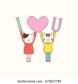I love you. Greeting card for Valentines day with cute couple cat boy and girl holding big heart. Postcard, poster, party invitation, festive, celebrations. Flat design. Vector illustration.
