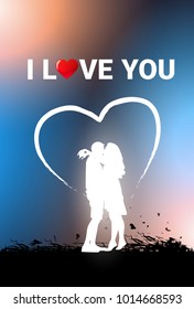 I Love You Greeting Card With White Couple Silhouettes Kissing In Heart Shape Vector Illustration