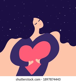 I Love You Greeting Card. Love Yourself. Self Care Woman With Big Pink Heart. Dreaming Happy Girl Hugging Herself. Cartoon Flat Character Holding Love Sign. Hug Me. Mother Help Illustration. Pregnant.