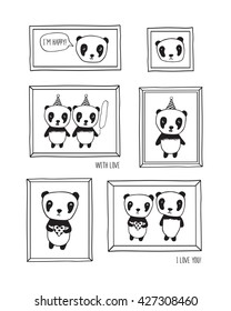 I love you! Greeting cards for Mother's Day, birthday, wedding with pandas and hearts. Hand drawn pandas with frames for your design. Doodles, sketch. Vector illustration.