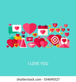 I Love You Greeting Concept. Flat Design Vector Illustration. Happy Valentine Day Poster.