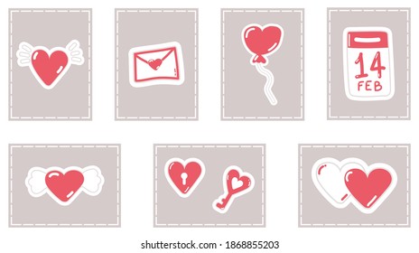 I love you greeting pink cards with hearts, calendar and balloon. Happy valentine's day hand drawn vector illustrations set. Part of collection