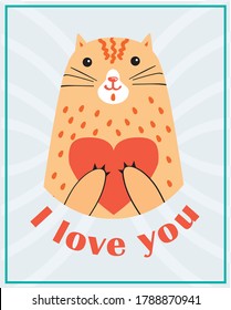 I love you greting card with cute cat and heart. Romantic doddle vector art with happy pet. Lovely happy character poster.