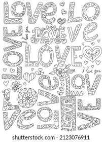 I love you. Hand drawn coloring page for kids and adults. Inspirational quotes. Lettering illustration, text card, poster or lettering print. Coloring book picture. Valentines day greeting