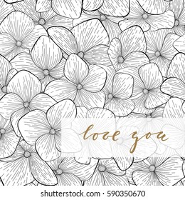 i love you. Hand drawn gold brush pen lettering on black and white floral pattern. design holiday greeting card, invitation of wedding, birthday and other seasonal holiday.