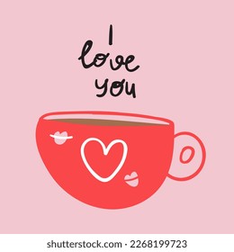 I love you. Hand drawn illustration on pink background.