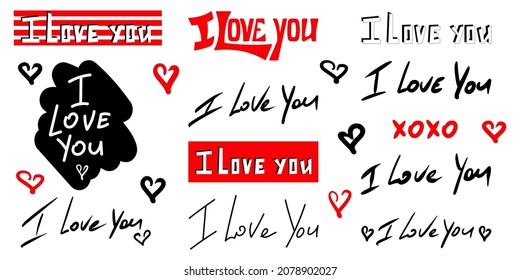 I love you hand drawn lettering set. Isolated on white background
