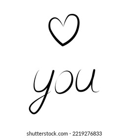 Love you. Hand drawn text with heart shape in minimalist style. Line art. Calligraphic design.