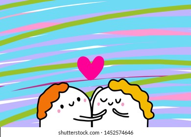 Love you hand drawn vector illustration in cartoon style with happy couple, textured background, vibrant colors, valentine's day card touching