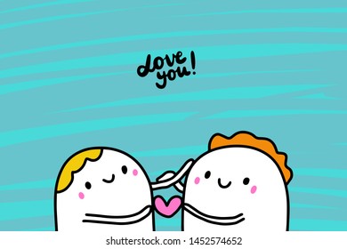 Love you hand drawn vector illustration in cartoon style with happy couple, textured background, vibrant colors, valentine's day card holding heart