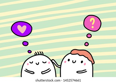 Love you hand drawn vector illustration in cartoon style with happy couple, textured background, vibrant colors, valentine's day card question