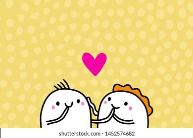 Love you hand drawn vector illustration in cartoon style with happy couple, textured background, vibrant colors, valentine's day card yellow dots