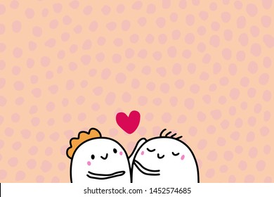 Love you hand drawn vector illustration in cartoon style with happy couple, textured background, vibrant colors, valentine's day card pink background