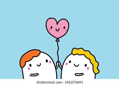 Love you hand drawn vector illustration in cartoon style with happy couple, textured background, vibrant colors, valentine's day card balloon
