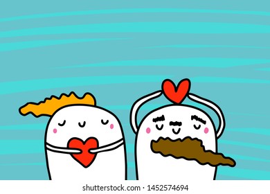 Love you hand drawn vector illustration in cartoon style with happy couple, textured background, vibrant colors, valentine's day card beard man