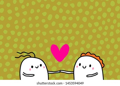 Love you hand drawn vector illustration in cartoon style with happy couple, textured background, vibrant colors, valentine's day card green pink