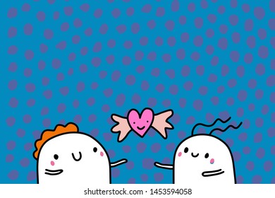 Love you hand drawn vector illustration in cartoon style with happy couple, textured background, vibrant colors, valentine's day card flying