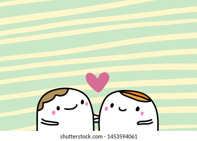 Love you hand drawn vector illustration in cartoon style with happy couple, textured background, vibrant colors, valentine's day card line
