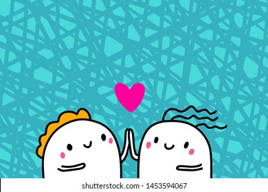 Love you hand drawn vector illustration in cartoon style with happy couple, textured background, vibrant colors, valentine's day card turquoise