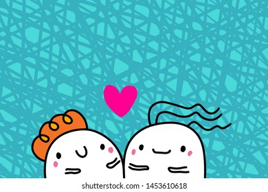 Love you hand drawn vector illustration in cartoon style with happy couple, textured background, vibrant colors, valentine's day card purple heart