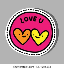 Love you hand drawn vector illustration in cartoon comic style for sticker print pin two hearts smiling together pink yellow orange