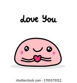 Te encanta la ilustración vectorial hecha a mano en el postre estilo cómico caricatura sosteniendo la tarjeta del día de San Valentín tierno y sonriente