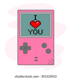 I Love You, a hand drawn vector illustration of a handheld gaming device, the text, game device, and background are on separate groups for easy editing.